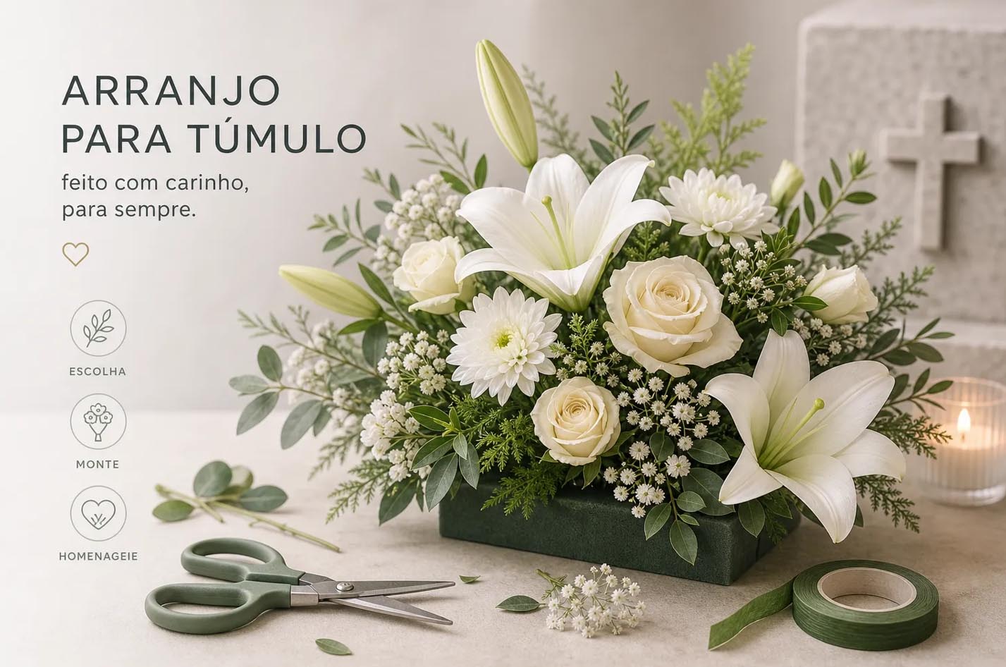 Guia pratico de como montar arranjo de flores para túmulo. Conte sempre com a nossa Floricultura. 